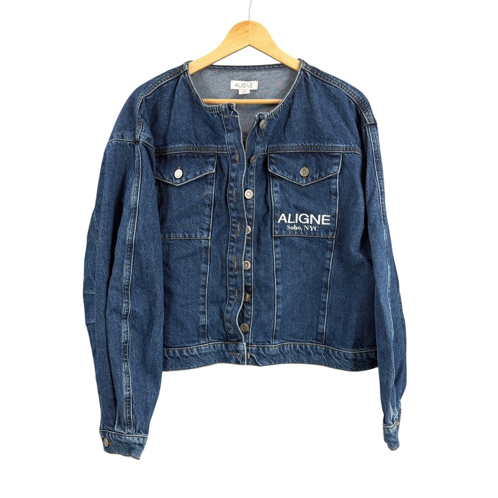 ALIGNE Soho NYC Denim Jacket Womens Size 10 Blue Organic Cotton Moto